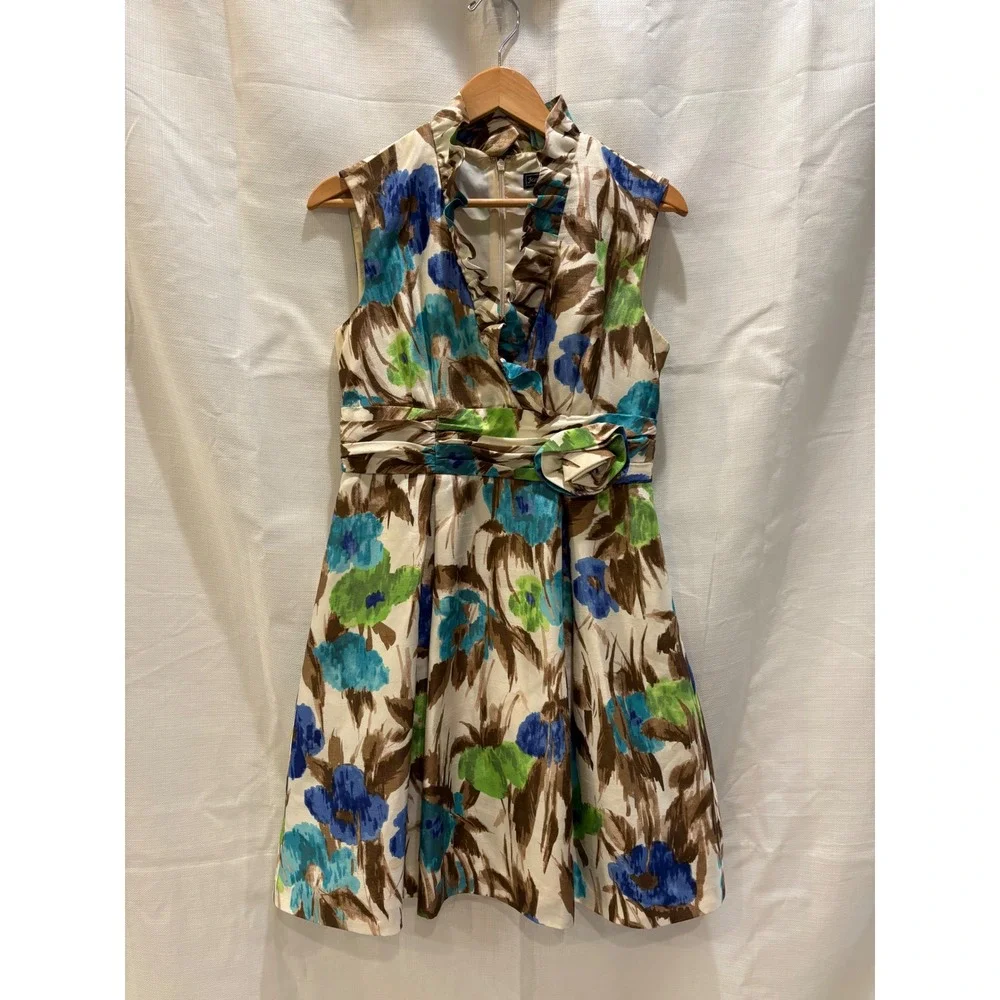 Jessica Howard Floral‎ Ruffle V-Neck Fit Flare Dress Blue Green Brown Petite 8P